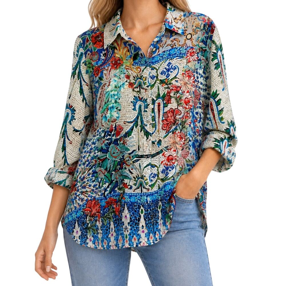 Shana Sz Small Floral Tropical Beach Wearable Art to Wear Blouse Shirt Top